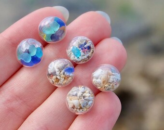 Tiny Seashell Orb Earrings, Beach Sand and Sea Glass Studs