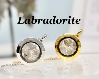 Labradorite Crystal Locket Necklace, Stainless Steel Gemstone Pendant,Protection Necklace Gift for her
