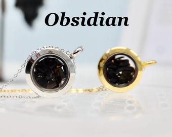 Obsidian Necklace,Dainty Black Obsidian Pendant Necklace, Golden Obsidian Locket, Healing Necklace, Unique Gifts for Her