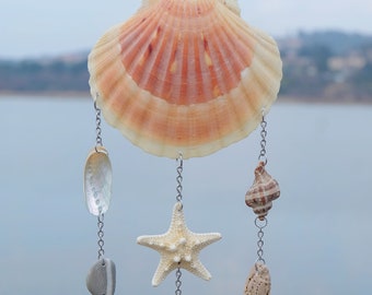 Shell Shoreline Suncatcher  Starfish Mobile Sea Shell Sea Glass Mobile Coastal windchime Shell Suncatcher Summer window decorations