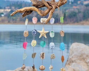 Historical Treasures Suncatcher // Sea Glass Suncatcher Seaglass Mobile Driftwood Art Seashells Mobile Wind Beach decor Nautical Decor