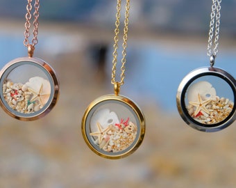 Seashell Locket Necklace | Beach Terrarium Pendant, Real Sand & Coral