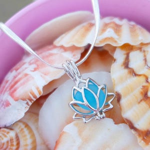 Sea Glass Lotus Locket Necklace: Silver Plated Pendant, Beach Jewelry
