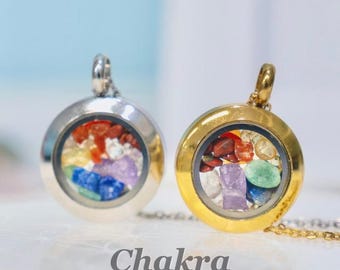 Chakra Stone Locket Necklace, Seven Chakra Necklace, Raw Stone Pendant Necklace,  Natural Crystal Jewelry,Rainbow Natural Gemstone Necklace