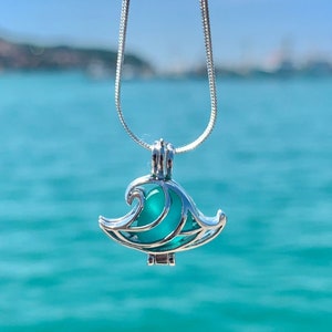 Sterling Silver Wave Necklace with Genuine Sea Glass Pendant – Beach Ocean Jewelry