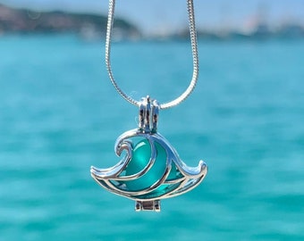 Sterling Silver Wave Necklace with Genuine Sea Glass Pendant – Beach Ocean Jewelry