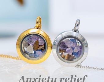 Anxiety Relief Crystal Locket Necklace, Natural Amethyst Tiger's Eye Calm Pendant, Mindful Christmas Gift for Her, Sodalite,Unique jewelry