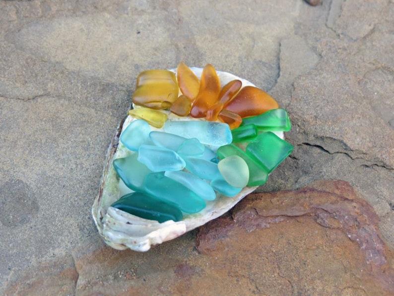 May include: A seashell filled with colorful sea glass in shades of green, blue, and amber. The sea glass is arranged in a rainbow pattern.