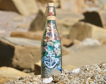 Genuine Sea Glass Decor Bottle, Authentic Beach Treasures  Sea Pottery, Coastal Home Decor, Unique Nautical Christmas Gift for Her