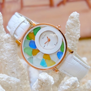 Sea Glass Floating Watch for Women, Genuine Beach Glass Wrist Watch, Unique Ocean Inspired Jewelry, Coastal Christmas Gift for Her, Mermaid