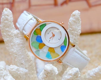 Sea Glass Floating Watch for Women, Genuine Beach Glass Wrist Watch, Unique Ocean Inspired Jewelry, Coastal Christmas Gift for Her, Mermaid