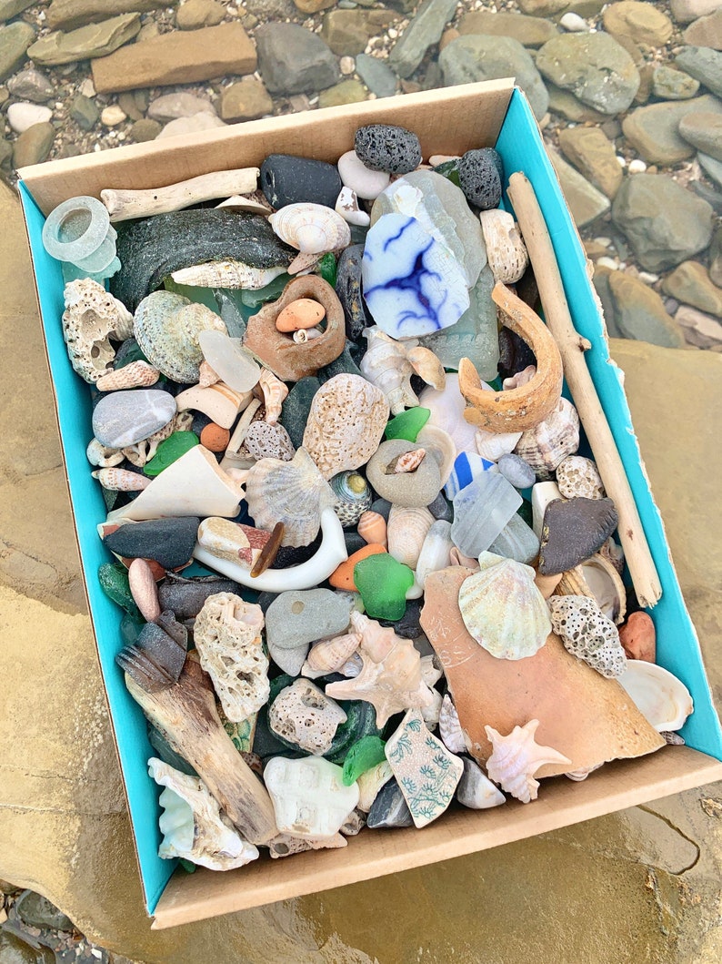 Large Mermaid treasure box Genuine Sea Glass bulk Large Sea glass Sea Pottery Beach Decor Beach stones Shell bulk Seaglass mix Ocean image 1