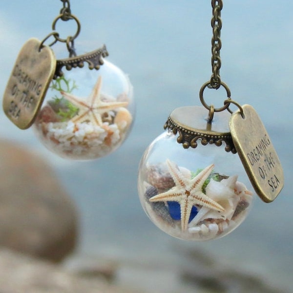 Dreaming of the sea necklace, Beach necklace, Ocean necklace, Glass ball pendant,Glass globe necklace,Crystal ball necklace, Seaside jewelry