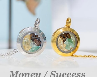 Abundance and Success Crystal Necklace, Natural Citrine Green Aventurine Tiger's Eye Pendant, Money Attraction Manifestation Jewelry