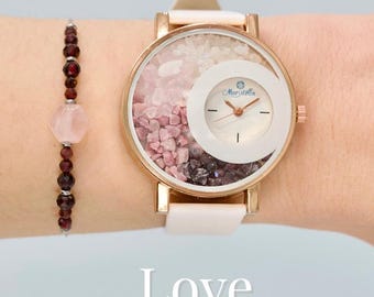 Raw Crystal Gemston Wrist Watch for Love Moonstone, Rose Quartz, Manifestation love, Mother's Day Gift for Mom, Birthday Gift for Daughter