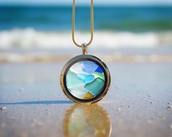 Sea Glass Locket Necklace, Colorful Beach Glass Jewelry, Coastal Pendant For Mom,Christmas gift for her, Birthday present for sister,Unique