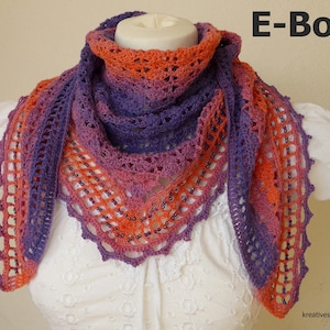 May include: A crocheted shawl with a gradient of orange, pink, and purple colours. The shawl has a scalloped edge and is decorated with small beads. The text "E-Book" is visible in the top right corner of the image.