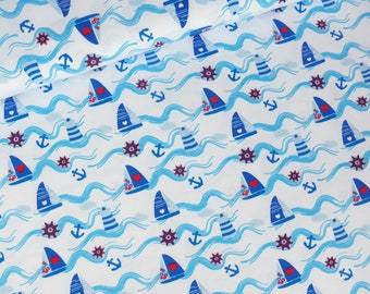 Baumwolljersey gemustert "Segelschiffe blau-weiß"