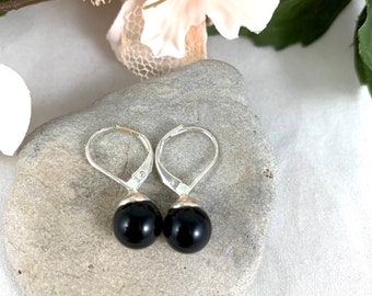 Black Onyx Silver Plated Drop Earrings/Small Handmade Lever Back Earrings