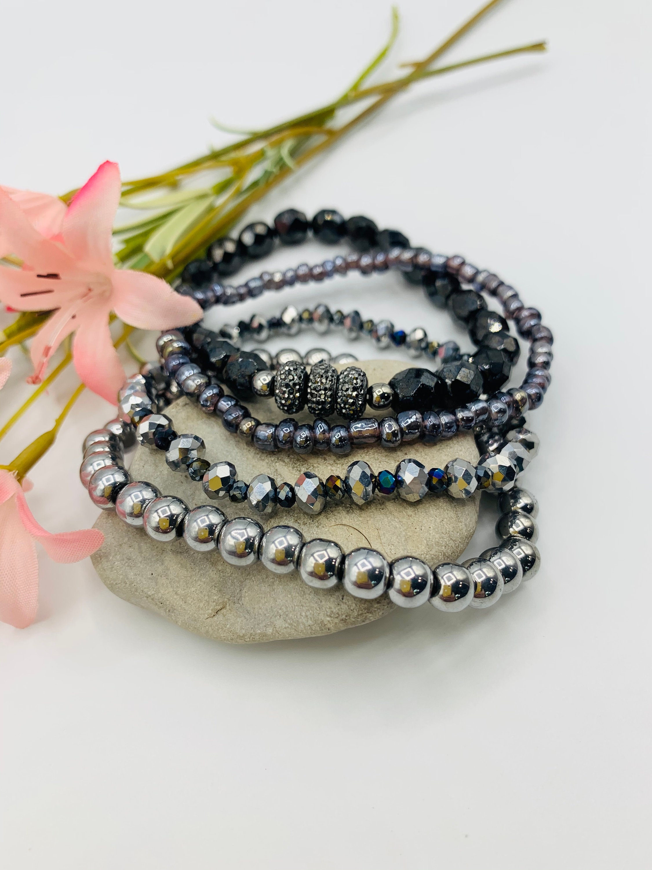 Black Beaded Stack Bracelets Stackable Bracelet Set Handmade Etsy