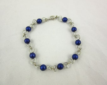 Blue Glass Pearl Wire Wrap Bracelet, Handmade Silver Plated Bracelet, 7.5inch Bracelet, Wire Wrap Jewelry, Delicate Bracelet