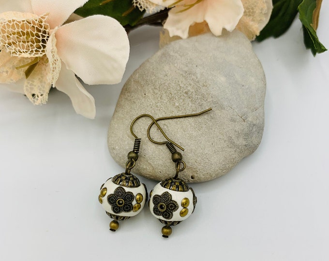 Cream Tibetan Bead Earrings/Antique Brass Dangle Earrings/Handmade Earrings/Boho Earrings/Boho Jewelry