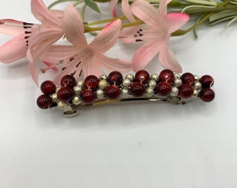 Red and Silver Barrette/Handmade Beaded Barrette/Beaded Hair Clip/Hair Accessories