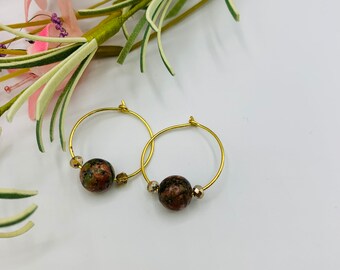 Unakite Beaded Gold Plated Hoop Earrings, Handmade Earrings, Simple Earrings, Delicate Earrings