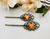 Antique Brass Orange Heart Cat 39 s Eye Hair Pins Boho Hair Accessory Handmade Hairpins Orange Bobby Pins Cat 39 s Eye Bobby Pins