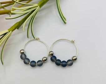 Gray Blue Glass Beaded Silver Plated Hoop Earrings, Handmade Earrings, Simple Earrings, Delicate Earrings