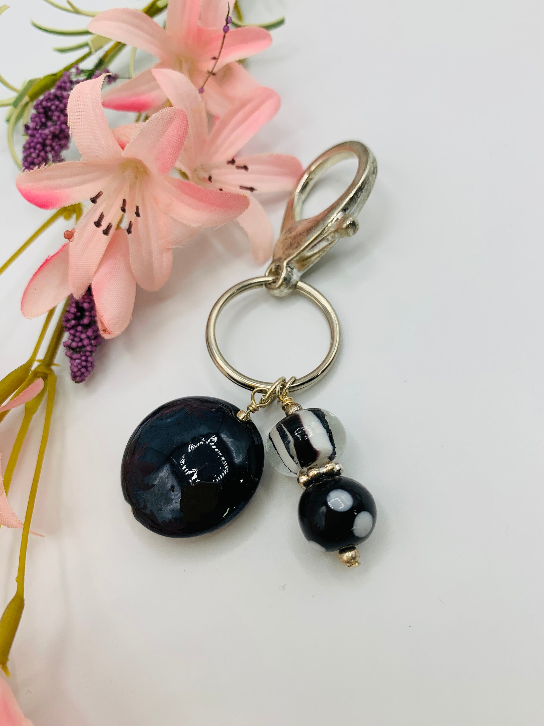 Black Glass Keychain Handmade Silver Plated Keychain Small Etsy