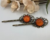 Antique Brass Orange Hair Pins Boho Hair Accessory Handmade Hairpins Orange Bobby Pins