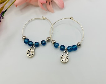 Blue Glass Beaded Silver Plated Hoop Earrings, Handmade Earrings, Simple Earrings, Delicate Earrings