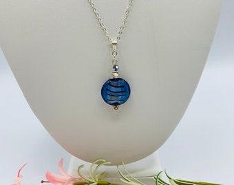 Blue Glass Silver Plated Pendant Necklace, Handmade 18inch Necklace, Delicate Necklace, Simple Necklace