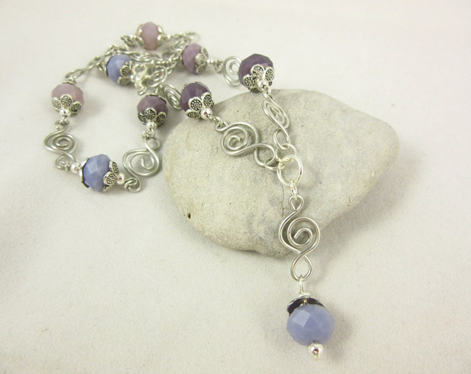 Purple Glass Necklace/Wire Wrap Necklace/Silver Plated Necklace/18inch Necklace/Handmade Necklace/Wire Wrap Jewelry/Modern Jewelry