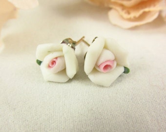 White Ceramic Rose Earrings/Stud Earrings/Handmade Earrings/Girls Earrings/Teen Earrings/Delicate Earrings/Small Earrings/Teen Jewelry