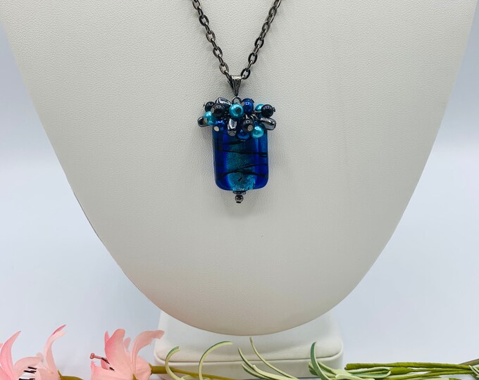 Blue Dichroic Glass Gunmetal Pendant Necklace, Handmade 18inch Necklace, Delicate Necklace, Simple Necklace