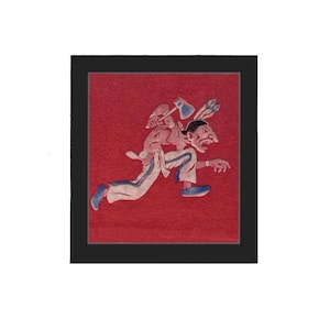 May include: Framed artwork featuring a Native American figure in motion, rendered in a cartoon style. The figure is depicted with a tomahawk and feather headdress, set against a red background. The artwork is enclosed in a black frame.