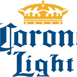 May include: A blue and white logo for Corona Light beer. The logo features a stylized crown with a gold outline and the words "Corona Light" in a bold, blue font.