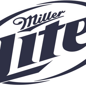 May include: A blue and white logo for Miller Lite beer. The logo features the words "Miller Lite" in a stylized font.
