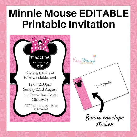 Pink Minnie Mouse EDITABLE Printable Party Invitation Instant Digital