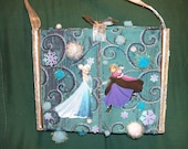 Frozen cigar box purse, beautiful handmade Elsa Anna Olaf Sven 3D blizzard of satin embroidered fabric-Blue silver ribbons-Ice flurry