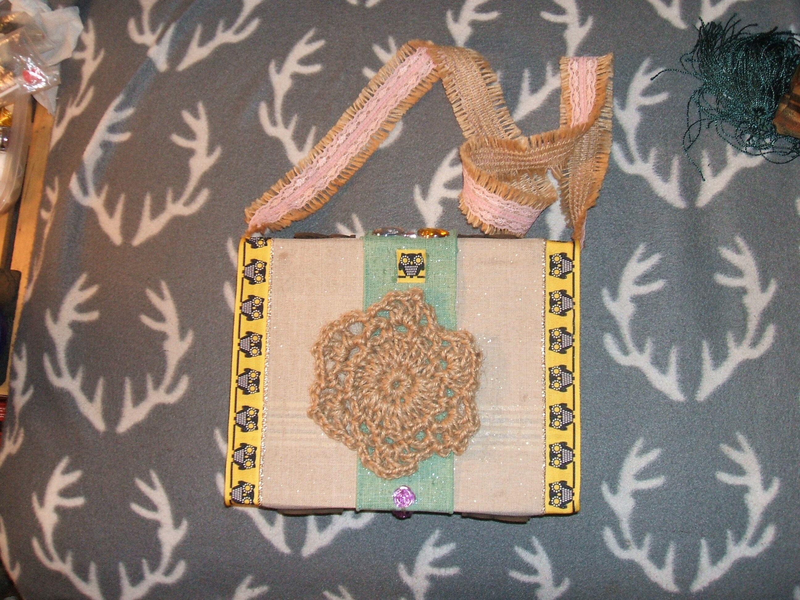 Owl Cigar Box Purse with Macrame Coaster