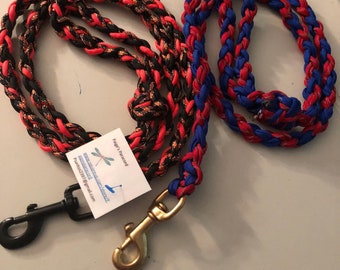 May include: Two braided dog leashes, one red and black with gold accents, and one blue and red. Both leashes have a gold metal clip.