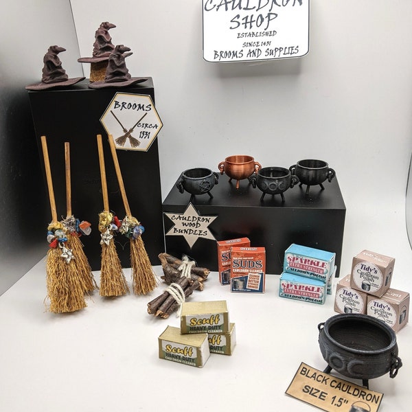 Miniature Dollhouse Cauldron Shop and Supplies black copper cauldrons broom sorting hat polishes wood bundles