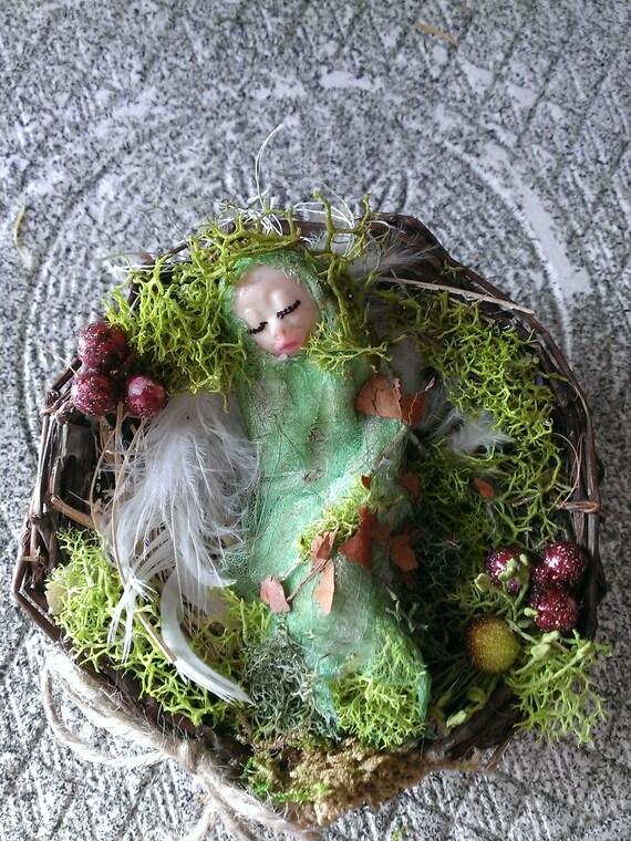 Miniature Clay Baby Bunting Nest Fairy Pixie Gnome Fantasy Grapevine OOAK hand crafted New Parent's Gift