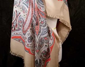 VIntage Vera scarf, Rare oversized Vera scarf, 1970s, Vera Neumann Tan Paisley