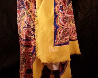 VIntage Vera scarf, Rare oversized Vera scarf, 1970s, Vera Neumann Gold  Paisley