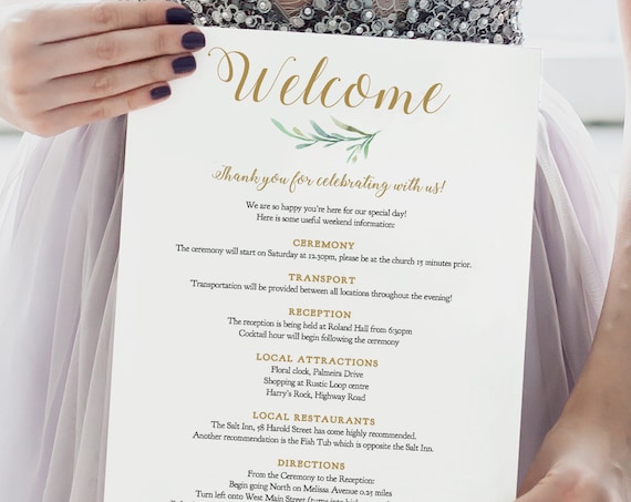 Welcome Wedding Itinerary Welcome Letter Note Template, Greenery, Printable Wedding Welcome Template, Wedding Ideas, Corjl Template