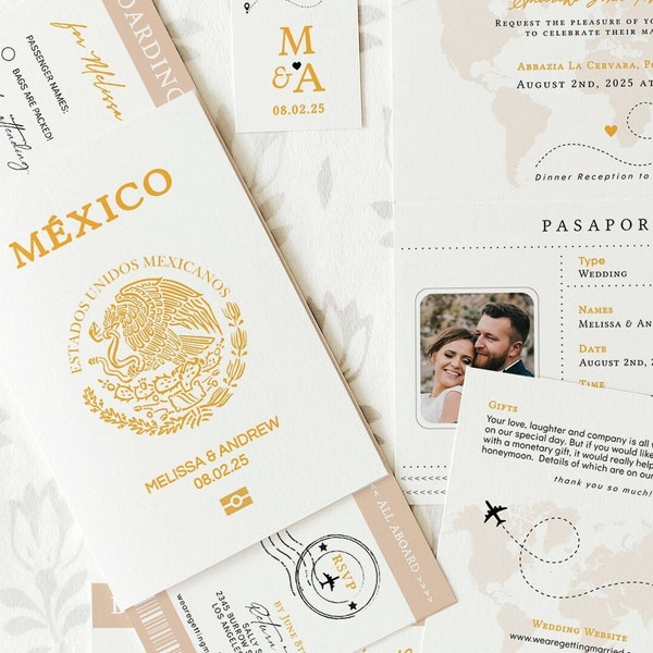 Mexican Passport Wedding Invitation Template Suite, Mexico Invitation, Printable Passport Invitation, Canva Templates | 08